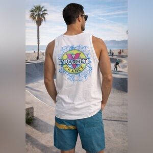 80s Vuarnet France Neon Logo Graphic Muscle Tank White Made USA Skater Surfer LG